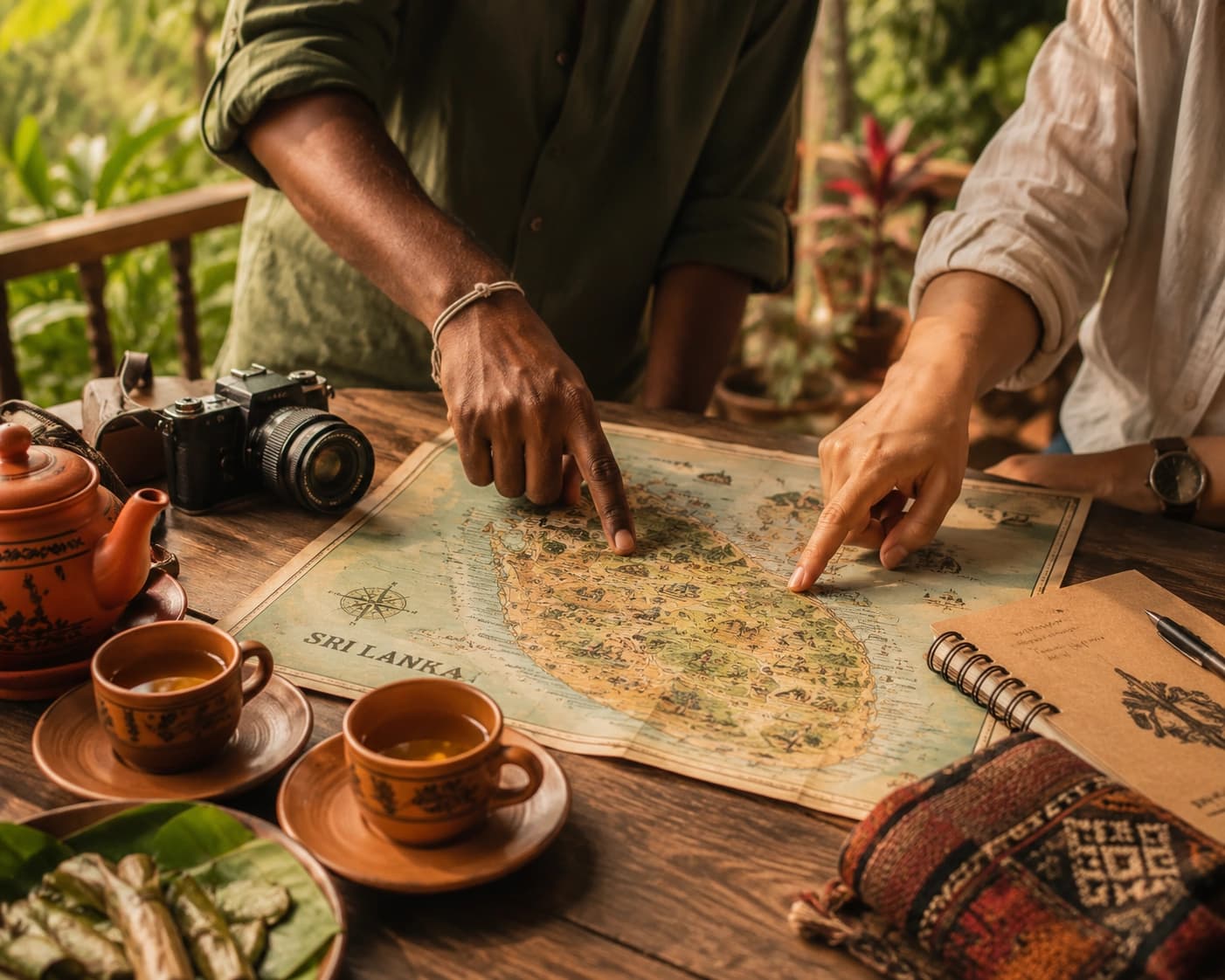 A local guide reviewing a trip map with a traveler
