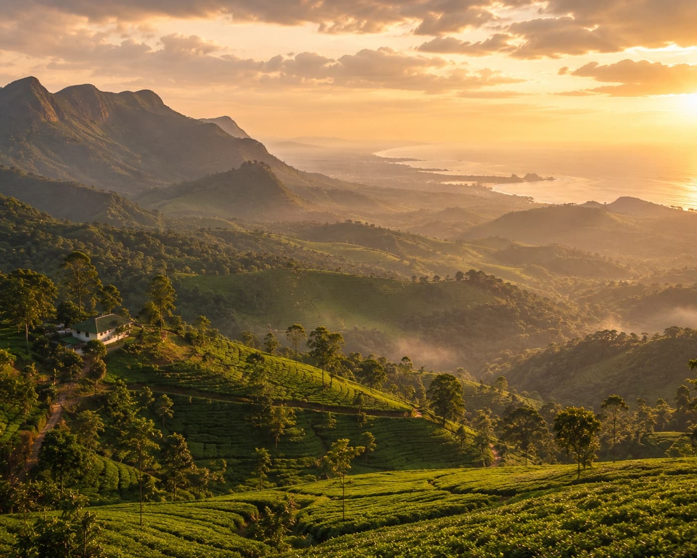 Layered tea country and coastline landscape, representing the 14-day grand tour