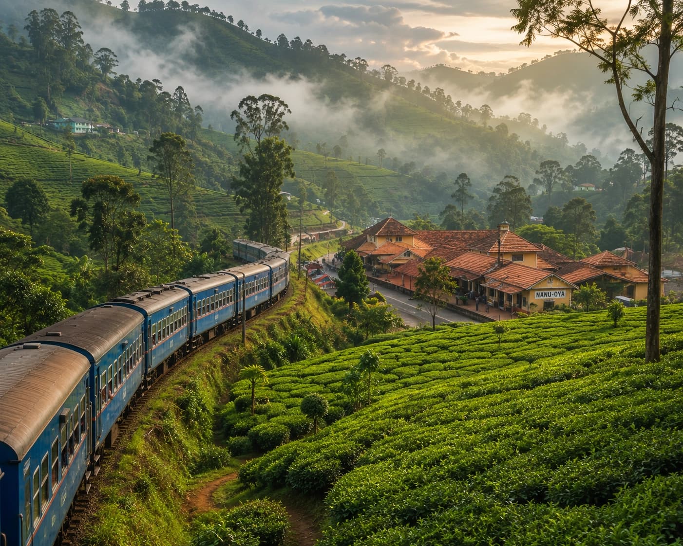 Scenic hill-country train through tea plantations, representing the 7-day classic loop